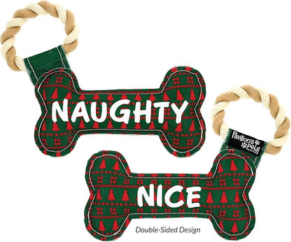 Pavilion - Naughty Or Nice - 11" Dog Bone Puppy Dog Toy with Rope Handle K-9 Furry Companion Christmas Present