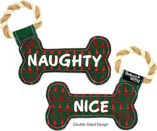 Pavilion - Naughty Or Nice - 11" Dog Bone Puppy Dog Toy with Rope Handle K-9 Furry Companion Christmas Present