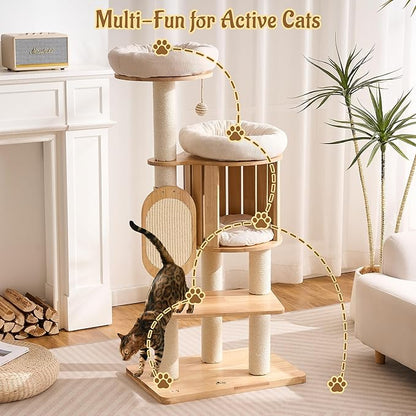 Modern Solid Wood Cat Tree for Indoor Cats Large Adult, 50in Tall Cat Tower with Sisal Scratching Posts, Cat Scratcher Cardboard, Cozy Cat Beds Cave Condo, Multi-Level Cat Furniture