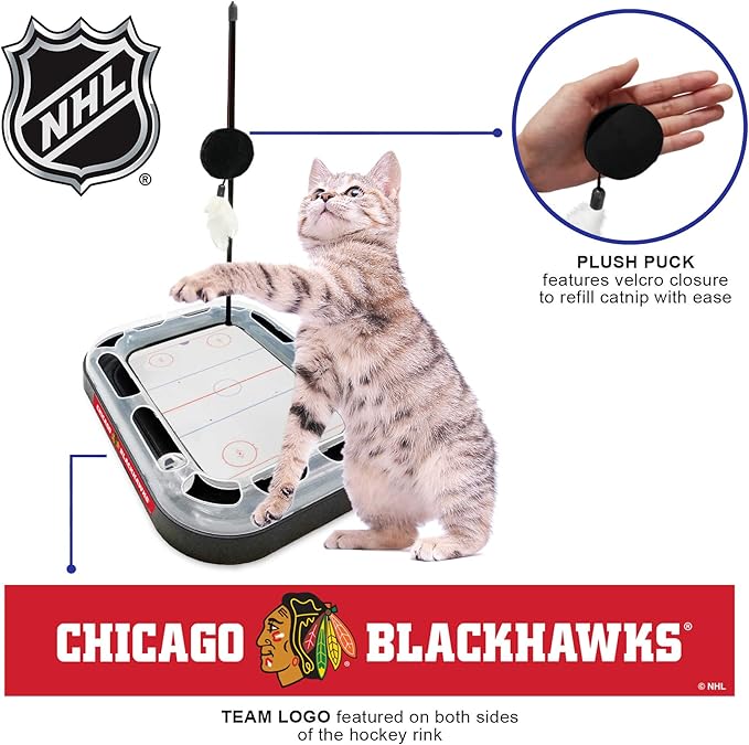 Pets First 5-in-1 NHL Chicago Blackhawks Hockey Field Cat Scratcher Toy with Interactive Cat Ball Bell in Tracks