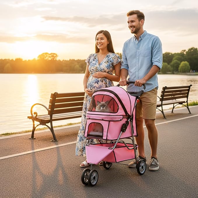 BestOffice Pet Stroller for Small Medium Dogs & Cats, 3-Wheel Foldable Dog Stroller with Cup Holder, Lightweight Travel Carrier, Waterproof Design for Outdoor Walks, Pink