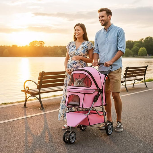 BestOffice Pet Stroller for Small Medium Dogs & Cats, 3-Wheel Foldable Dog Stroller with Cup Holder, Lightweight Travel Carrier, Waterproof Design for Outdoor Walks, Pink