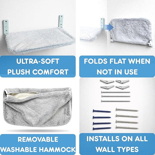 Cat Wall Bed with Ultra-Soft Plush Cover, Foldable Cat Wall Hammock, Shelf Bed with 40 lb Metal Support, Removable Washable Hammock, Hardware for Drywall, Stud & Concrete