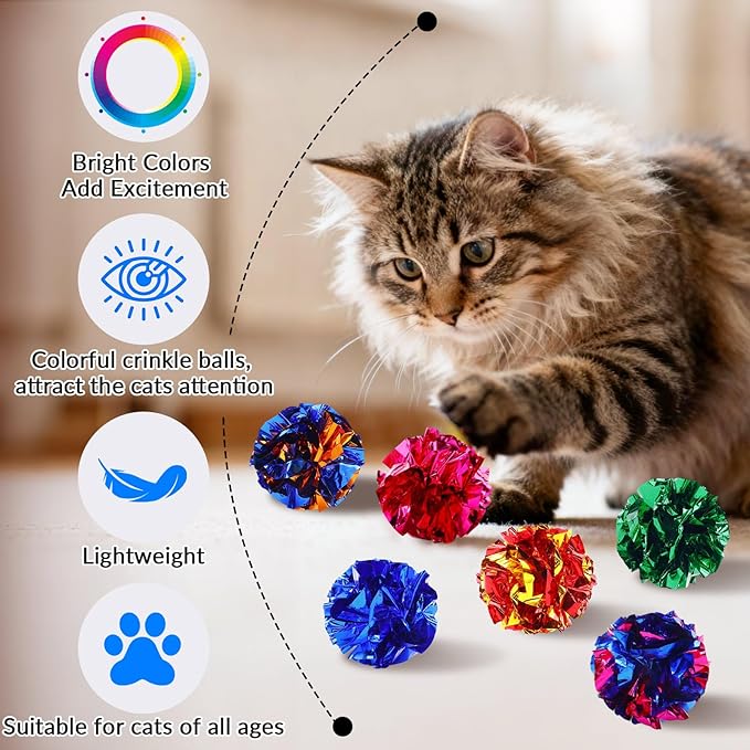 Crinkle Cat Toy Balls, 24Pcs 2.47'' Mylar Balls, Interactive Crinkle Ball, Colorful Paper Ball Chase Training Activity for Cats kitten Assorted Color, Chase Training Activity for Cats (24 Pack)
