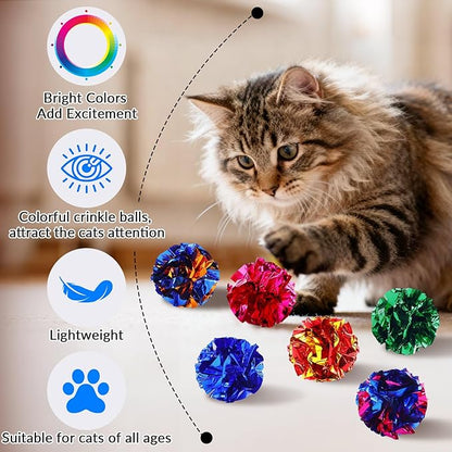 Crinkle Cat Toy Balls, 24Pcs 2.47'' Mylar Balls, Interactive Crinkle Ball, Colorful Paper Ball Chase Training Activity for Cats kitten Assorted Color, Chase Training Activity for Cats (24 Pack)