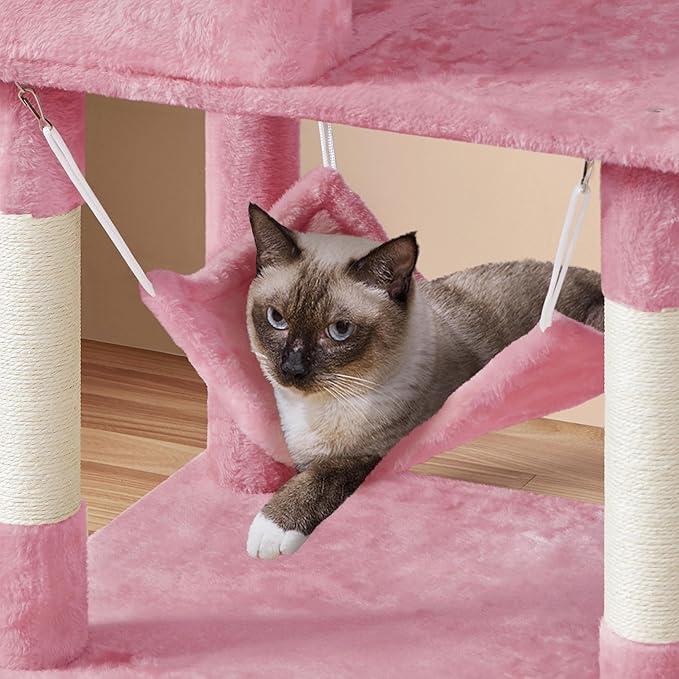 Yaheetech Multi-Level Cat Tree, Large Cat Tower with Condos Platform, Cat House Cat Tree for Medium Cats Pink, 64.5in