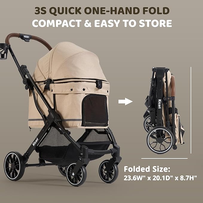 All-Terrain Dog Stroller for Small to Medium Dogs, Pet Stroller for Dogs & Cats Outdoor Walks, One-Hand Easy Fold, Double-Layer Anti-UV & Waterproof Canopy & Breathable Mesh, Vanilla Beige