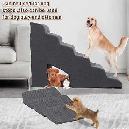 30 Inch Dog Stairs for High Bed, 6 Steps Memory Foam Pet Steps with 3 Ramps for Senior Dogs & Cats, Non-Slip Washable Pet Stairs for Couch Sofa Bed, Grey