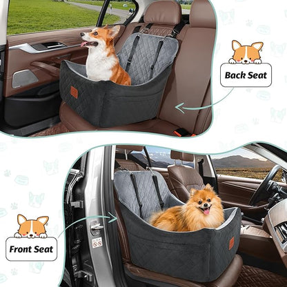Lealchum Dog Car Seat for Medium Dogs Up to 40lbs,Fully Detachable and Washable,Memory Foam Covered Soft Fabric,Easy to Install with Adjustable Straps,Anti-Slip Base,2 Side Pockets(Black/Grey,Medium)