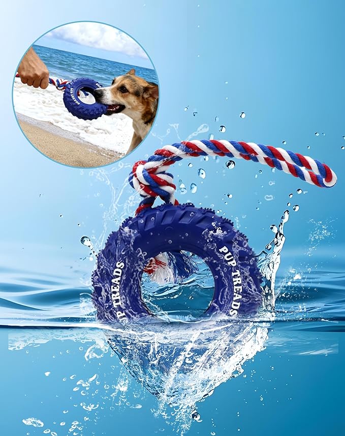 Deeow Dog Tire Toy, Treat Dispensing Chew Toy for Teething Clean and Dental Care, Natural Rubber Enrichment Dog Toys for Boredom Relieve, Interactive Tug-of-War Slow Feeder Pet Toys-Blue