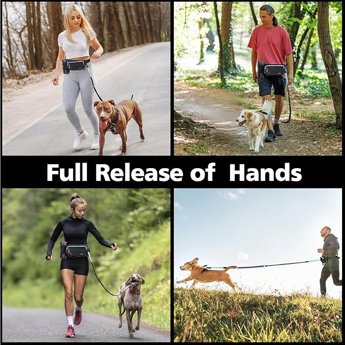 Hands Free Dog Leash, Adjustable Waist Leash for Walking with Dual Bungees Padded Handle, Shock Absorbing Hands Free Belt for Small Medium-Sized Dogs Outdoor Activities, Black+Blue