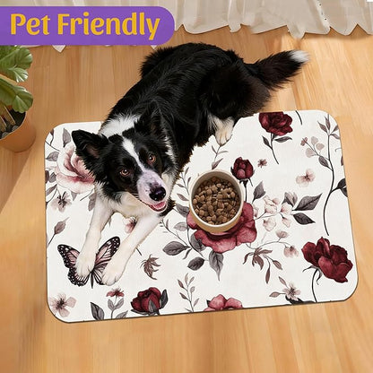 Vintage Flower Butterfly Dog Cat Food Mat, Absorbent Feeding Placemat, Waterproof Non-Skid Bottom – 12x20 Inch