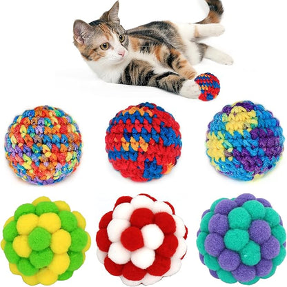 Cat Ball with Bell 3 Jingle Bell Ball & 3 Soft Pom Pom Balls Interactive Kitten Toys for Hunting Kicking, Handmade Small 1.8” & Large 2.1” for Cats Kittens 6 Pack