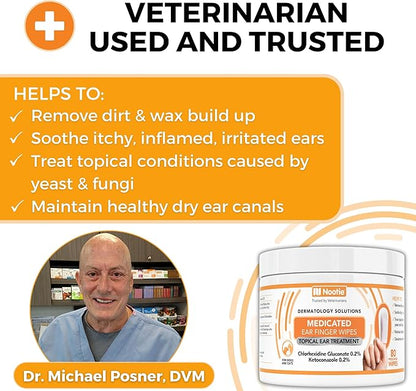 Nootie Medicated Ear Finger Wipes with Chlorhexidine for Dogs, Gentle Dog Ear Cleaning Wipes for Itchy, Sensitive Ears - Helps Remove Wax, Dirt Buildup, & Odor 80 Wipes - Made in USA