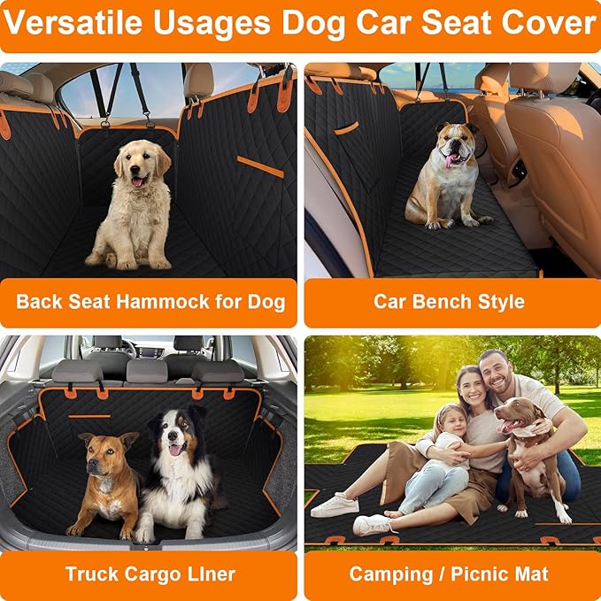 ELONGRIVER Dog Car Seat Cover for Back Seat Hammock 600D Waterproof Car Seat Protector for Dogs with Anti-Slip Scratch Proof Dog Seat Cover for SUV Truck Black with Orange X Large Size