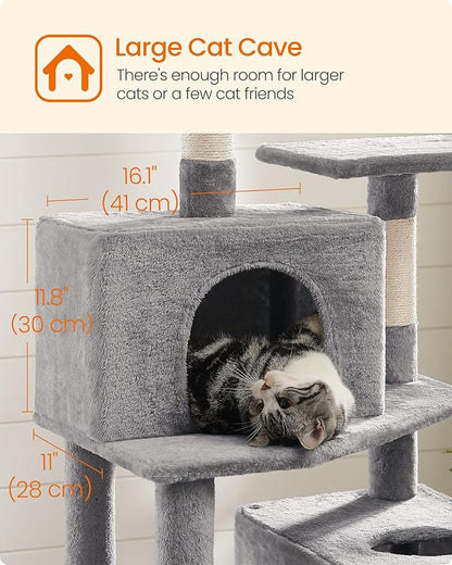 Feandrea Cat Tree, 73.2-Inch Tall Cat Tower, Plush Multi-Level Condo with 5 Scratching Posts, 2 Perches, 2 Caves, Hammock, 2 Pompoms, Light Gray UPCT191W01