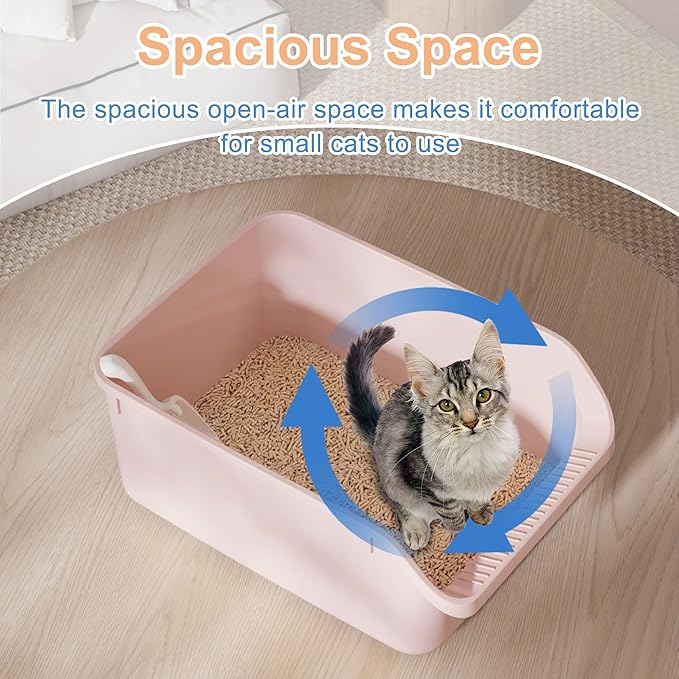Cat Litter Box with High Sides Anti-Splashing for Indoor Cats Low Entry Kitty Litter Boxes (Pink)