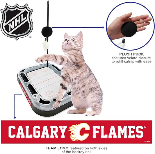 Pets First NHL Calgary Flames 5-in-1 Cat Scratching Toy with Interactive Cat Ball, Bell and Track