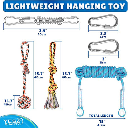 YES4QUALITY Dog Outdoor Bungee Hanging Toy, Blue Interactive Tree Tug Toy Rope w/Metal Spring Kit & 2 Rope Toys, Heavy-Duty Exercise Equipment for Medium & Large Dogs, Tether Tug of War Dog Toys