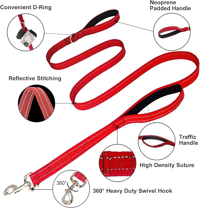 Dual Padded Handle Walking and Training Standard Leashes for Large Breed Dogs that Pull with Reflective Stitching, 360° Rotatable Heavy Duty Metal Buckle,D-Ring,Durable Nylon, 6Ft Long for Big Dogs