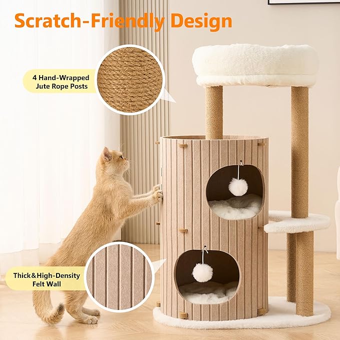 Modern Cat Tree for Indoor Cats Large Adult, 36in H Cat Tree Tower with Scratching Posts, Cozy Cat Bed Cave, Washable Cushions, Dangling Balls, Play&Nap Cat House Condo for All Breeds, Brown