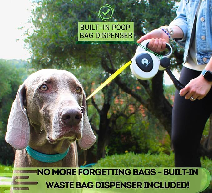 Snuggle Paws Retractable Dog Leash 16ft – Heavy Duty All-in-One Dog Leash with LED Flashlight, Poop Bag Holder, Chew Proof Steel Cable & Reflective Tape – Size M