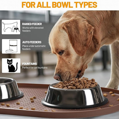 Hubulk 100% Waterproof Silicone Pet Feeding Mat with Raised Edge for Food and Water, Dog Bowl Mats, Cat Bowls Placemat with High Lip Protects Floor for Cats and Dogs (Brown, 19" L x 12" W)