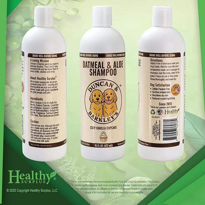 Duncan & Barkley’s Oatmeal & Aloe Dog Shampoo and Conditioner 16 Oz Bottles - Cozy Vanilla Cupcake Scent, Gentle Pet Wash for Sensitive Skin and Vital Volumes Tips Card - Bundle