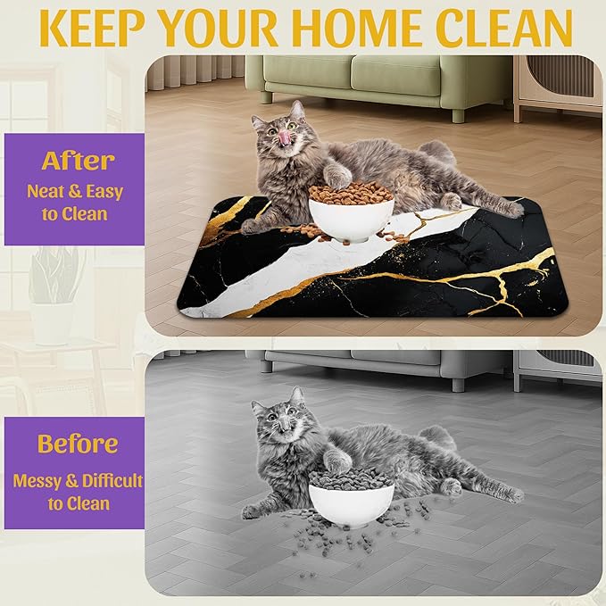 Black Gold Marble Dog and Cat Food Mat, Absorbent Feeding Placemat, Waterproof Non-Skid Rubber Backing, No Stains Pet Supplies – 16x24 Inch