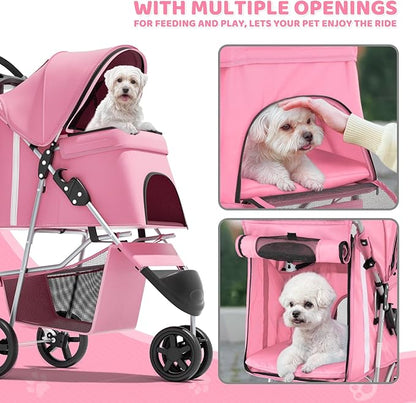 Magshion 3-Wheel Pet Stroller, Foldable Travel Jogger for Small & Medium Dogs & Cats (Up to 33lbs), Lightweight Carrier with Breathable Mesh Cover, Cup Holder & Storage Basket, Pink