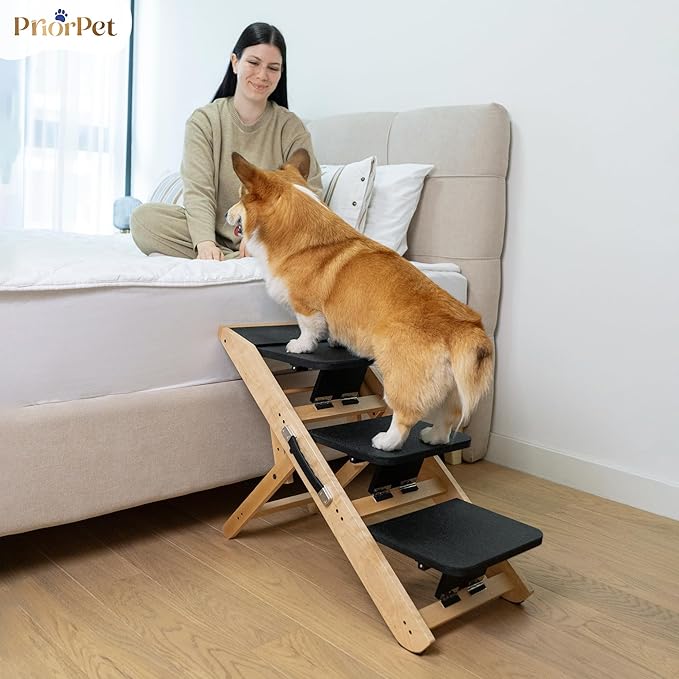 Dog ramp for Couch – Non-Slip, Sturdy Build Foldable Dog ramp – Supports up to 200lbs – Adjustable 7'' to 20'' – Landing Platform Seamlessly Connects – Birchwood Pet Ramp for Small Dogs – Natural
