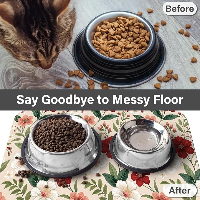 Patterned Cat & Dog Bowl Mat for Food and Water, 17"×30" Quick Dry Absorbent Pet Feeding Mat, Eco-Friendly Dog Placemat