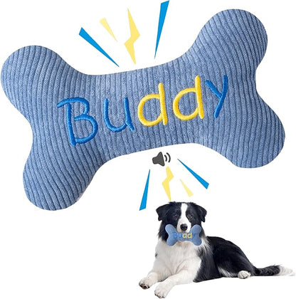 2026 Squeaky Dog Toys, Embroidered Bone Shape Blue Corduroy Pet Pillow 8"x5" Cute Soft Cotton Filled Dog Chew Puzzle Toy Birthday Holiday Fun Gifts Contrast "Buddy" Text for Small Medium Large Dogs