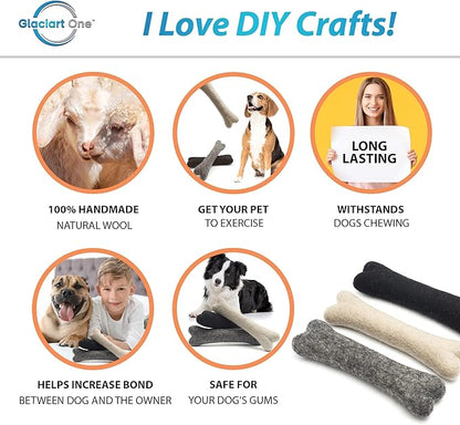 Glaciart One Felted Wool Dog Chew Bone (3 Pcs)| Durable Dog Chew Toy, Puppy Chew Toys for Teething & Dog Teeth Cleaning | Pet Toys Fetch Games & for Anxiety/Boredom | Great for Small or Medium