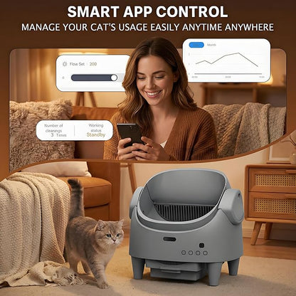 Automatic Cat Litter Box, Self-Cleaning Litter Box with Open-Top Design, 15-Layer Safety Protection System & Smart App Control, Electric Cat Litter Box with Adjustable Entry Height & Odor Control