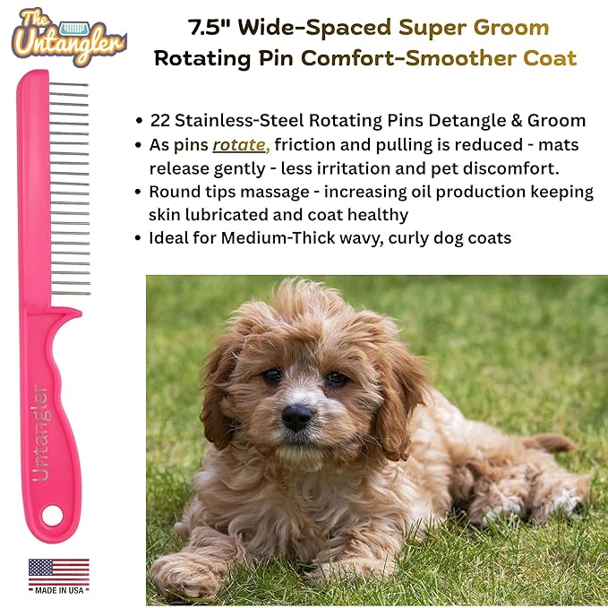 Super-Groom Combs with Smooth Rotating Teeth for Painless Mat Removal (French Rose Pink, 22 Coarse-teeth)