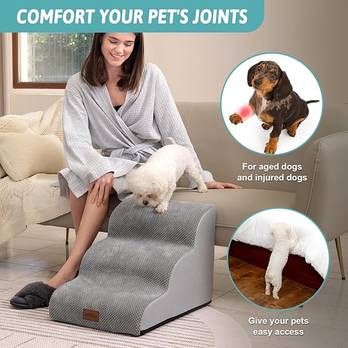 Wide Dog Stairs for Small Dog 15.7" H, Pet Step for Puppy, Older Cat, Curved Ramp for Couch, Durable Anti-Slip Ladder with High Density Foam, 3 Step, 17.7x22.4x15.7 inch, Grey