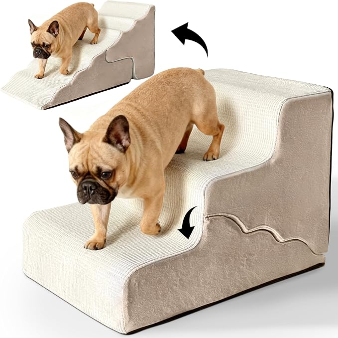 Mestuel Dog Stairs for Small Dogs Cats, Small Pet Stairs Steps, Foam 4-Tier Pet Stairs Steps for Couch Sofa, Dog Ramp Ladder Indoor with Nonslip Bottom &Washable Cover, Beige