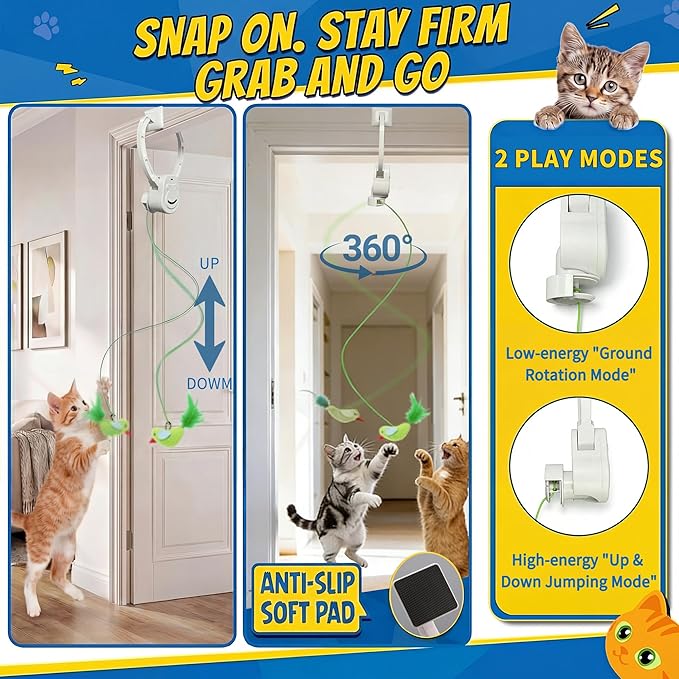 Interactive Cat Toys for Indoor Cats, Dual Modes Automatic Hanging Cat Toy with Quiet Motor, USB Rechargeable, Flying Bird Feather Mouse Toy for Kittens, Bored Adult Cats & Multi-Cat Households