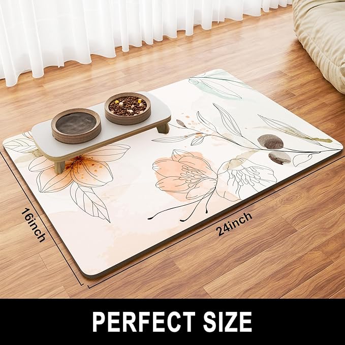 Dog Food Mat, 16" x 24" Absorbent Dog Cat Bowl Mat for Food and Water, Cute Anti-Slip Rubber Pet Feeding Rug Protect Floors, Placemat for Feeding & Watering Supplies, Watercolor Flowers