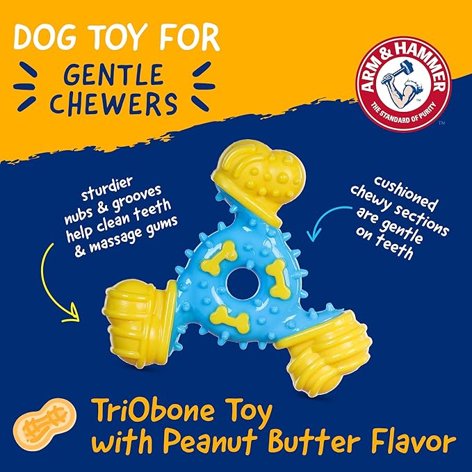 ARM & HAMMER for Pets Nubbies TriBone Dog Dental Toy Best Dog Chew Toy for Moderate Chewers Dog Dental Toy Helps Reduce Plaque & Tartar Peanut Butter Flavor Baking Soda (Pack of 24)