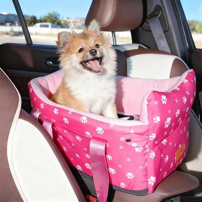 Dog Car Seat for Console - Memory Foam Pet Booster Seat for Small Medium Dogs Up to 21 lbs - SUV Truck Center Console Dog Seat with Safety Leash & Storage Pockets - Washable Cover (Large Rose Red)