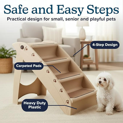 Pet Stairs - Home and Vehicle Foldable Nonslip Dog Steps with 4-Step Design - For Puppies, Kittens, and Other Small Pets by PETMAKER (Tan)
