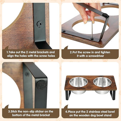 Elevated Dog Bowls for Small Medium Wood Dogs Raised Bowl Stand with 2 Stainless Steel Deep Dog Food and Water Bowls, Anti Vomit, Non-Slip Feeding Dishes(Tilted，3 inches in Height, 40oz