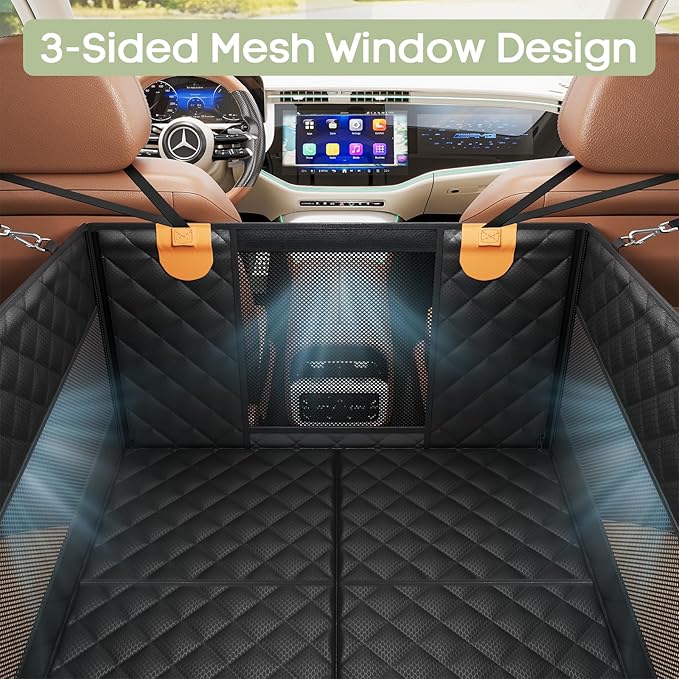Dog Car Seat for Large Medium Dogs, Back Seat Extender for Pets with Hard Bottom, Strong Support Waterproof Dog Seat Cover with 3 Mesh Windows for Cars, Trucks and SUVs