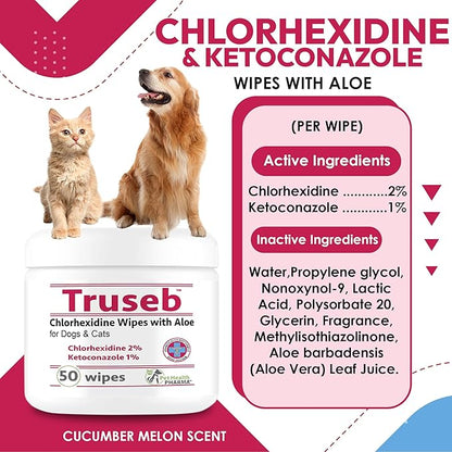 Truseb Chlorhexidine Wipes for Dogs Cats Horses with Aloe Vera - Medicated Ketoconazole Wipes for Skin Irritation, Hot Spots, Redness Relief (50 Count)