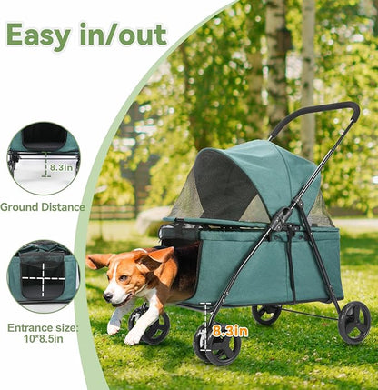 20% Larger Capacity, Wedyvko Dog Stroller for Medium/Small Pets w/Dog Poop Bags & Dispenser, Storage Pouch, Zipperless, Entry in/Out Easy (Dark Green)