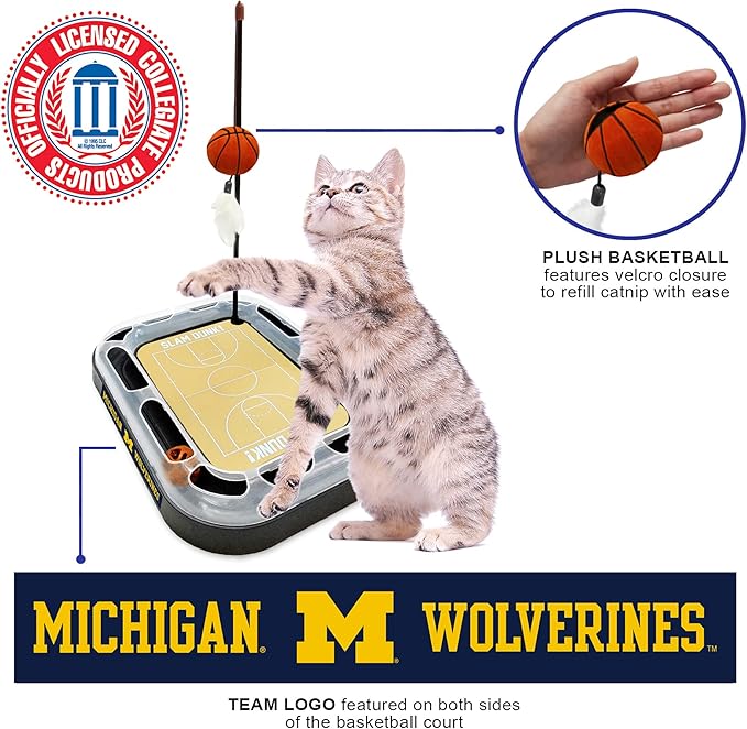 Cat Scratch Toy NCAA Michigan Wolverines Reversible Basketball Court Felt/Cardboard Cat Scratcher Toy. Interactive Cat Ball Bell in Tracks. 6-in-1 CAT Toy Cat Wand Poll Catnip-Filled Plush Basketball