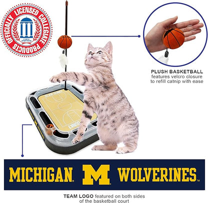 Cat Scratch Toy NCAA Michigan Wolverines Reversible Basketball Court Felt/Cardboard Cat Scratcher Toy. Interactive Cat Ball Bell in Tracks. 6-in-1 CAT Toy Cat Wand Poll Catnip-Filled Plush Basketball