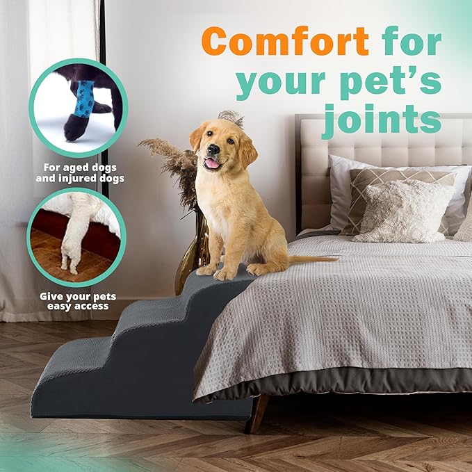 GARMART 3-Step Dog Stairs for Bed with Washable Cover, Durable High Density Foam Pet Ramp for Small Dogs, Gray
